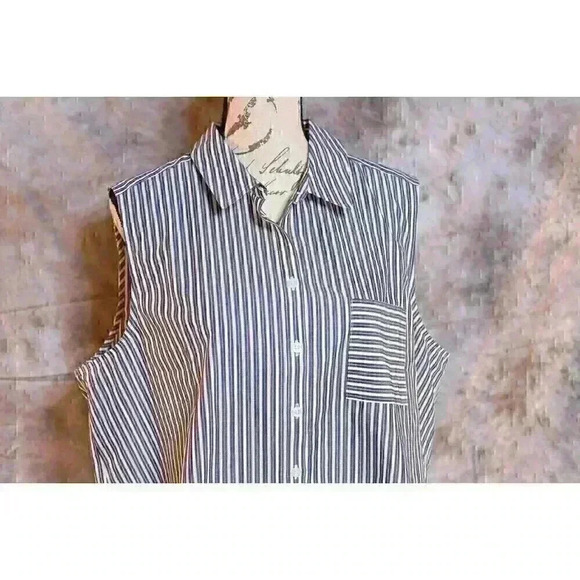 Women's Chico's Size 3.5 No Iron Sleeveless collared tie front blue/white stripe - Picture 2 of 12